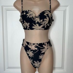 Forever 21 Palm Tree Matching Bikini Set High Cut Bustier S